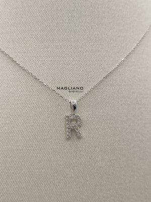 Collana oro bianco e diamanti lettera R